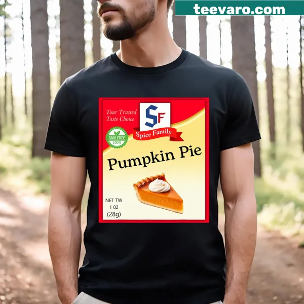 Humorous pumpkin pie condiment t-shirt with festive graphics