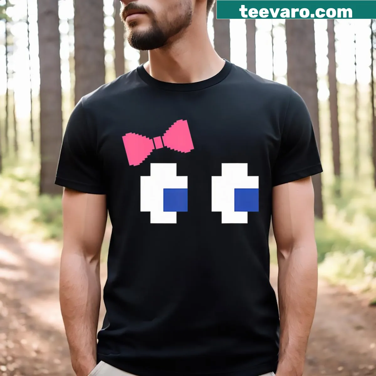 Halloween T-shirt with ghost eyes and retro arcade game design in pink — on a men's t-shirt