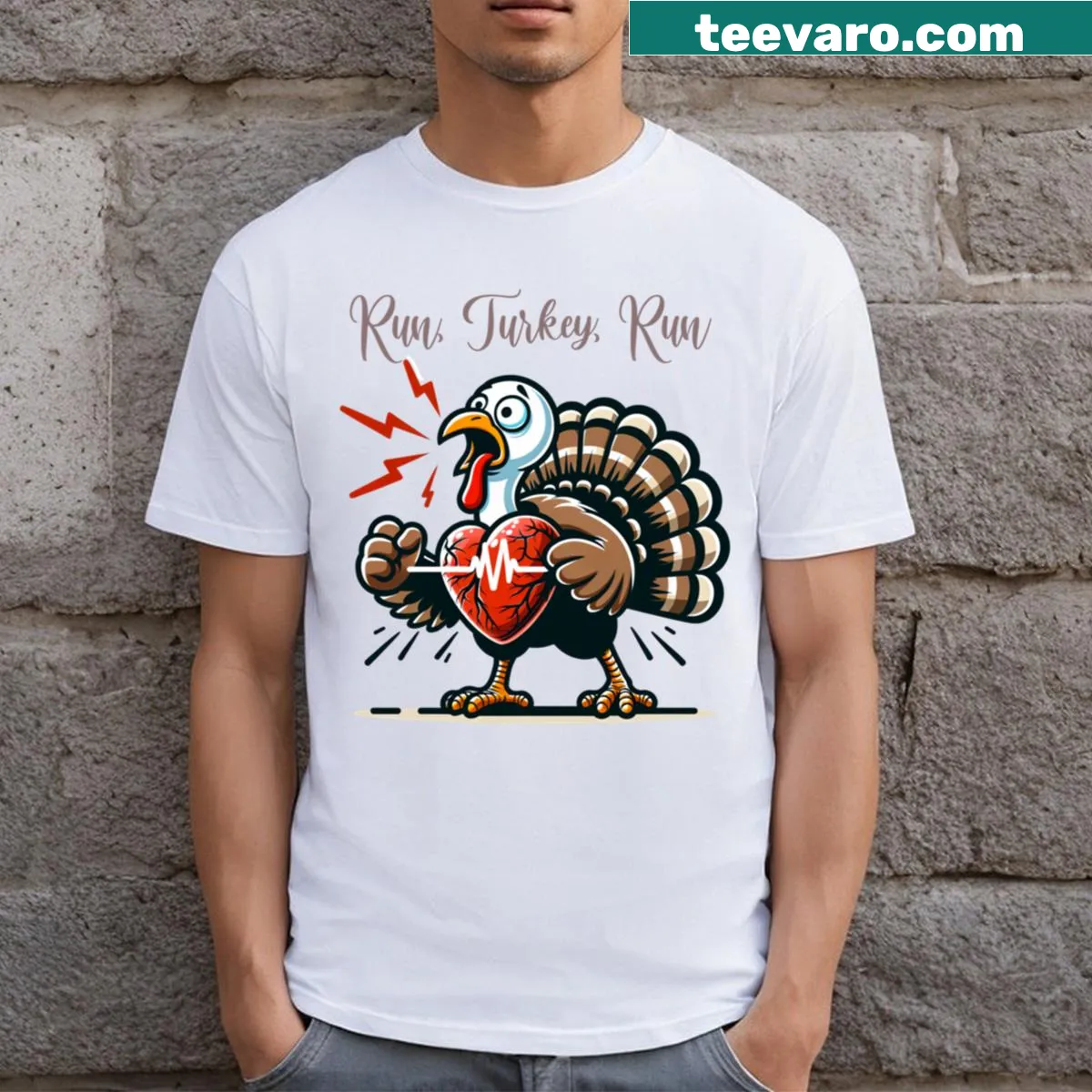 Funny Thanksgiving T-shirt featuring a running turkey — on a men's t-shirt