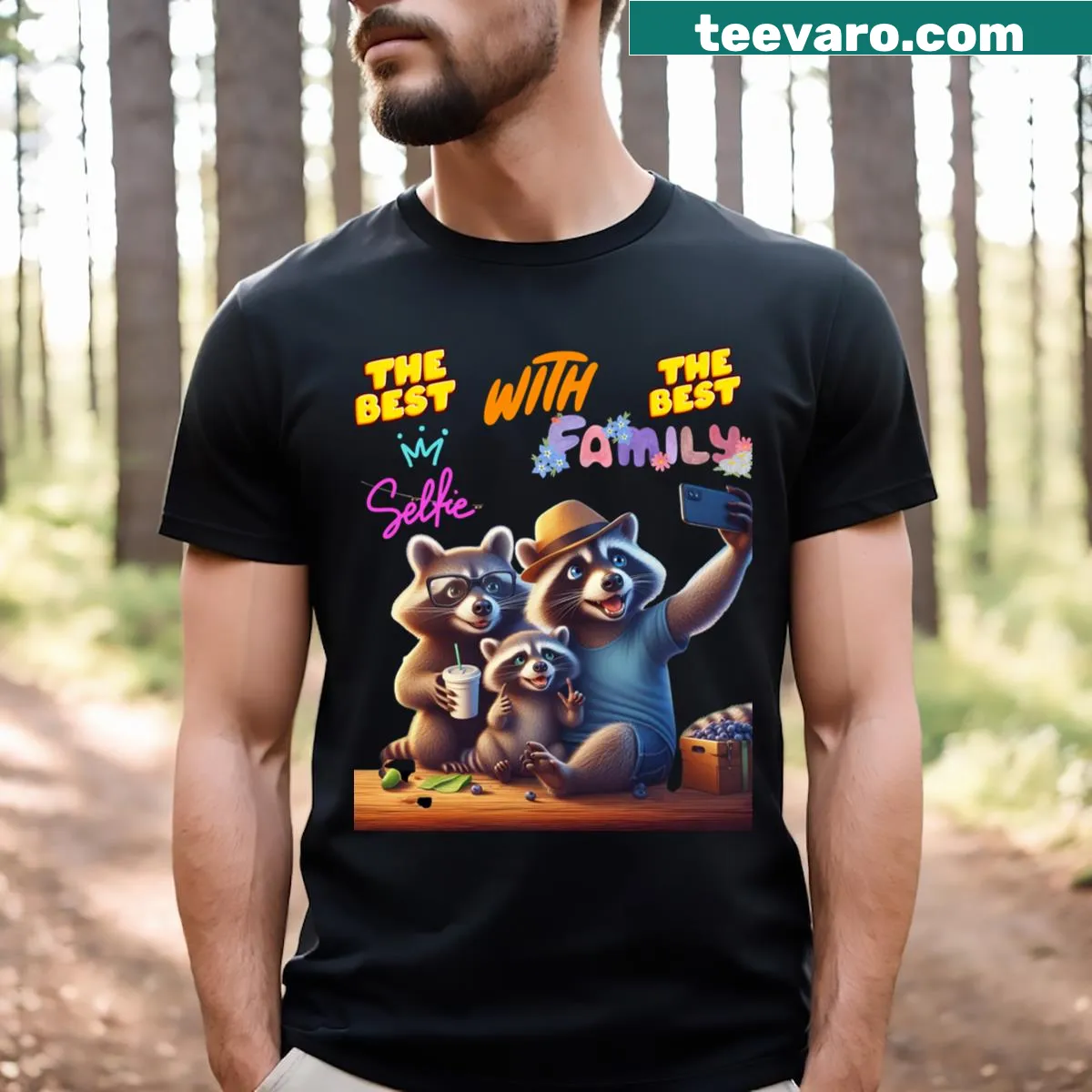 Cartoon raccoon family taking a selfie in a playful design — on a men's t-shirt