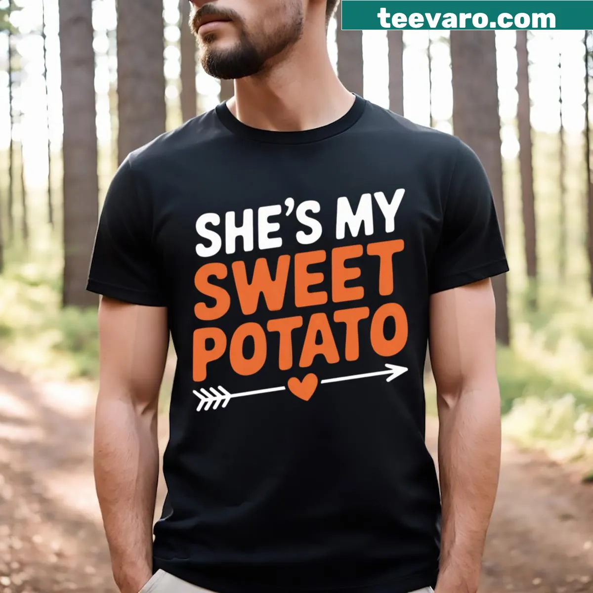 Heartfelt typography T-shirt with the phrase 'She Is My Sweet Potato' — on a men's t-shirt