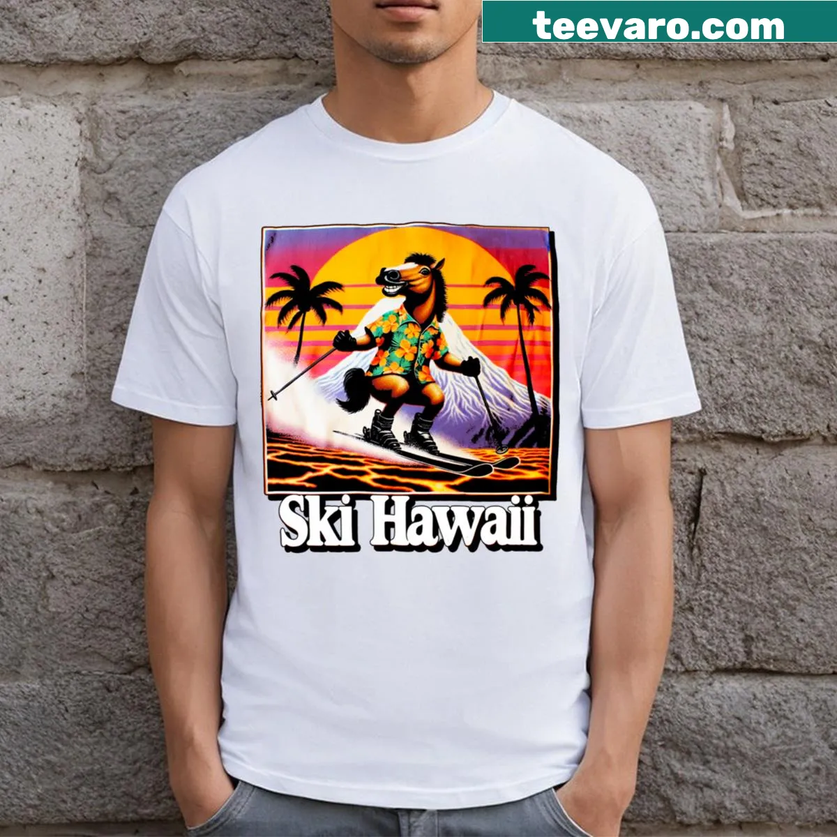 Fun illustration of a horse skiing on a T-shirt. — on a men's t-shirt