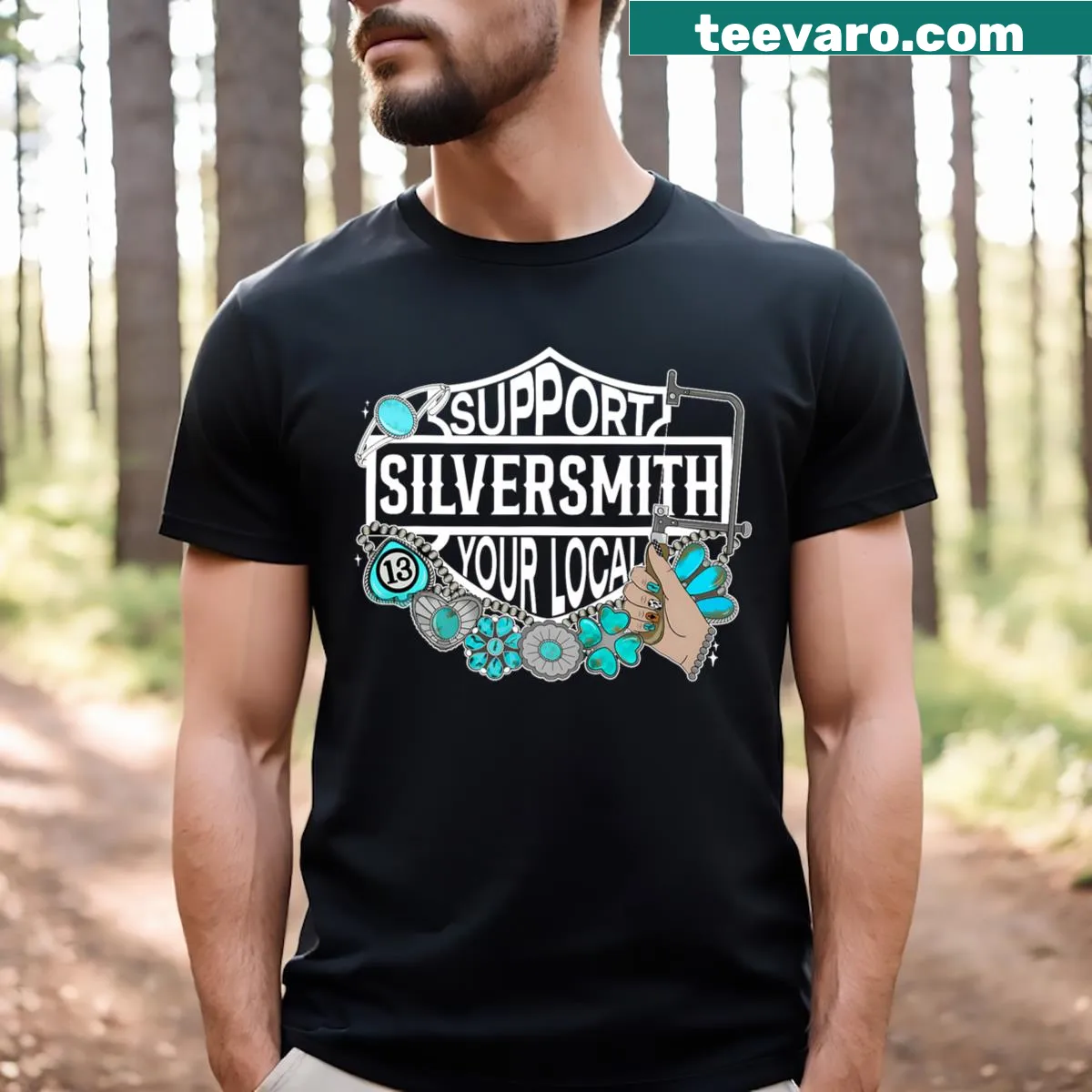Support local silversmith design T-shirt with bold typography — on a men's t-shirt