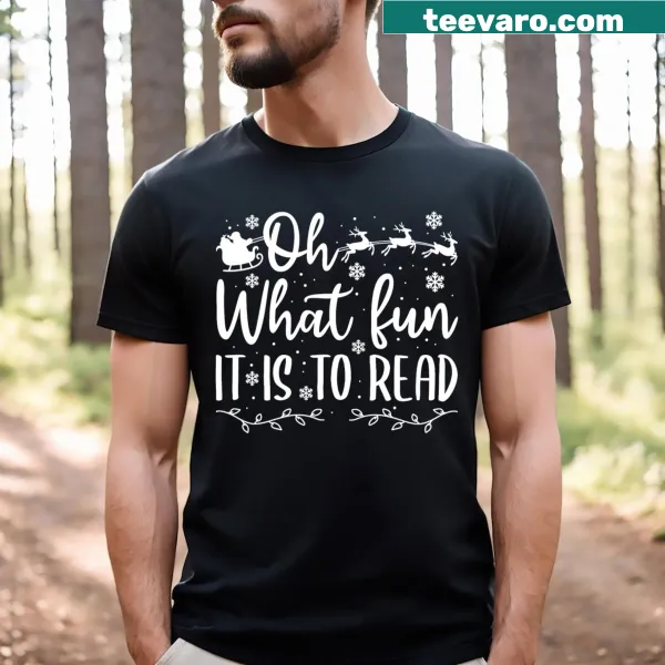 T-shirt with holiday-themed reading illustration and festive text
