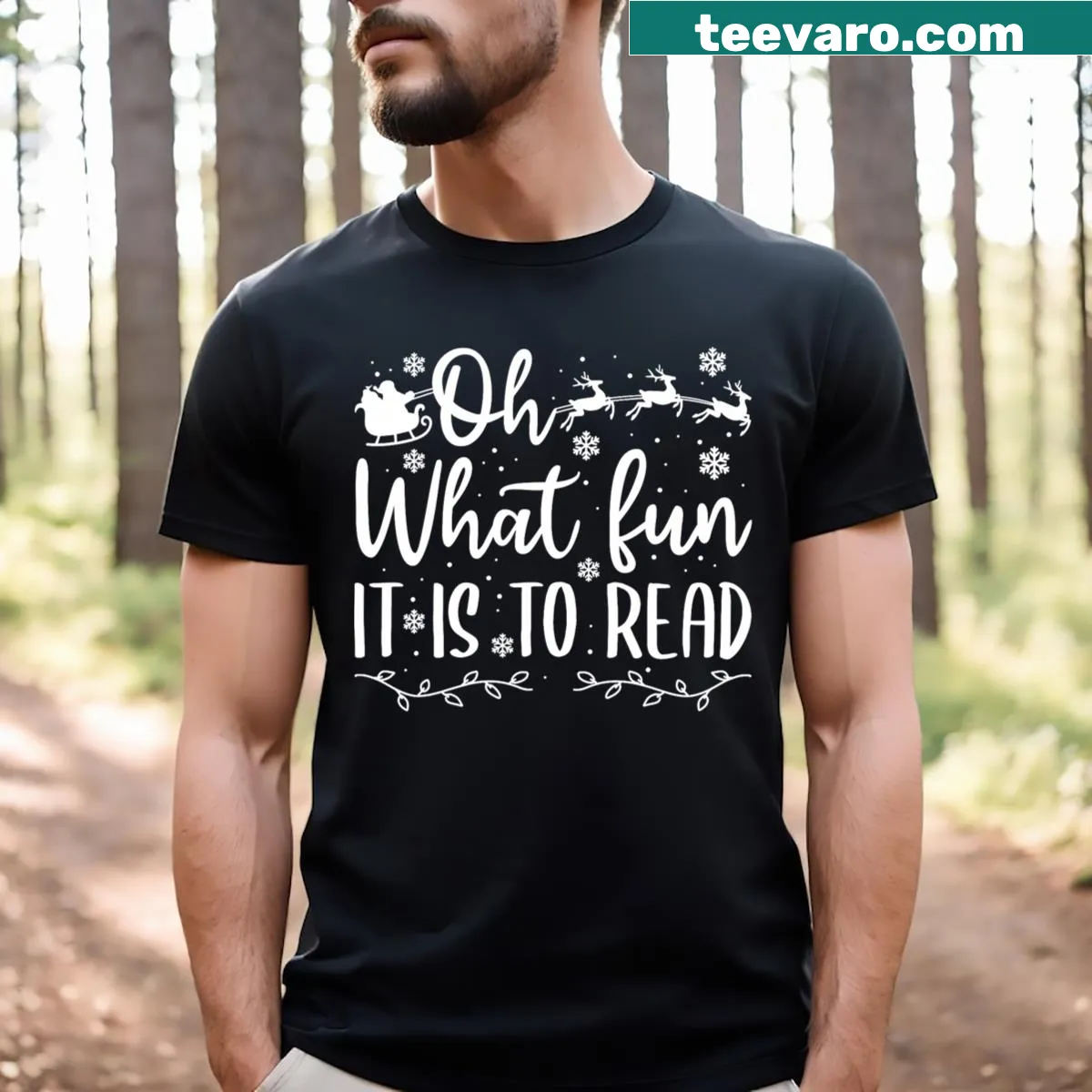 T-shirt with holiday-themed reading illustration and festive text — on a men's t-shirt