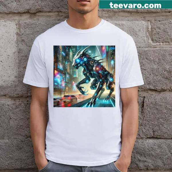 Futuristic cyber beast graphic in a neon cityscape