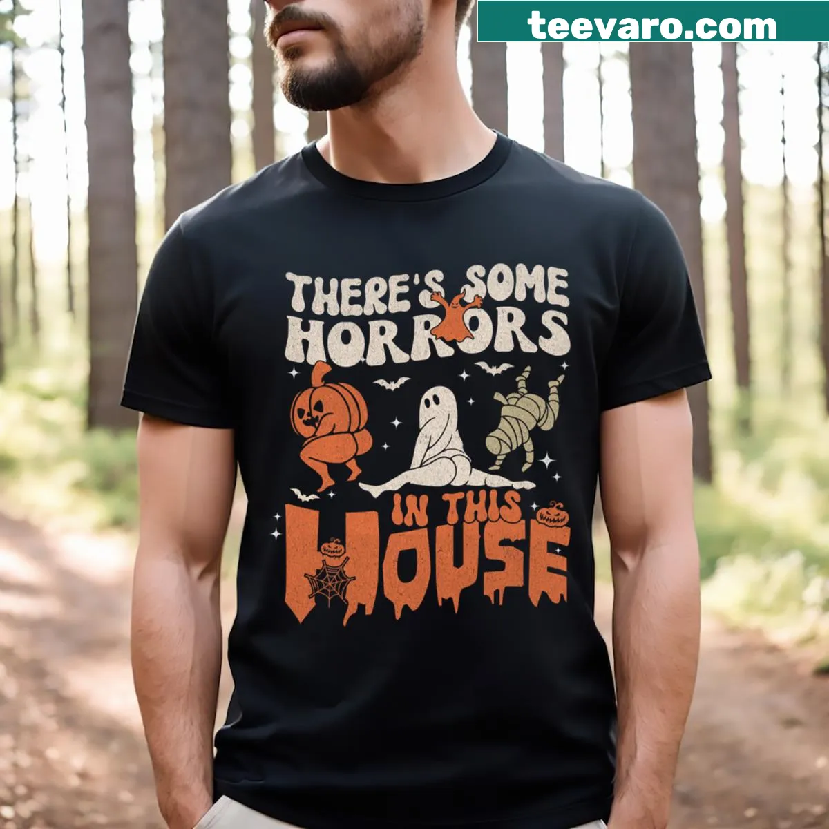 Funny Halloween t-shirt with spooky text about house horrors — on a men's t-shirt
