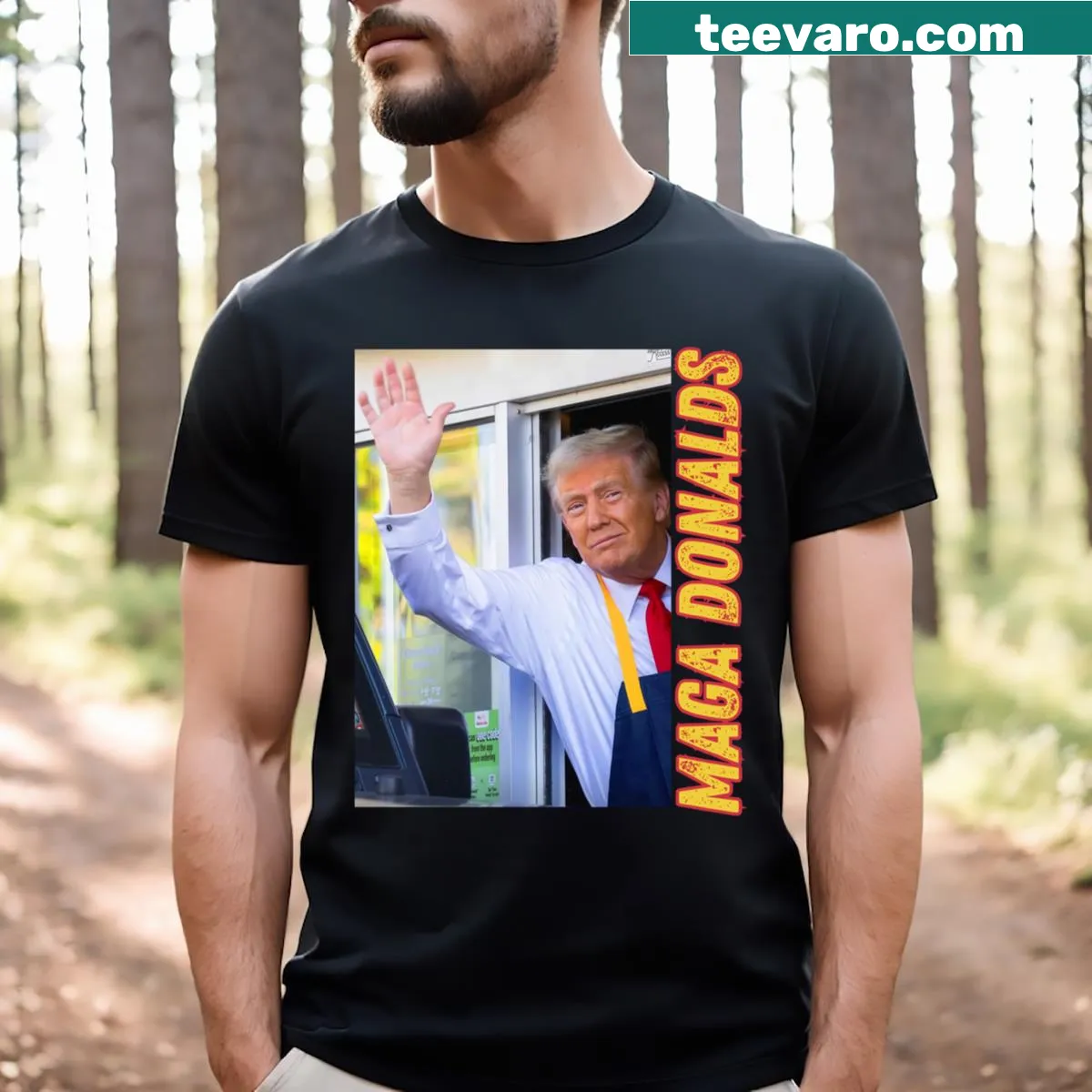 Retro Trump Mcdonalds T-shirt with vintage typography — on a men's t-shirt