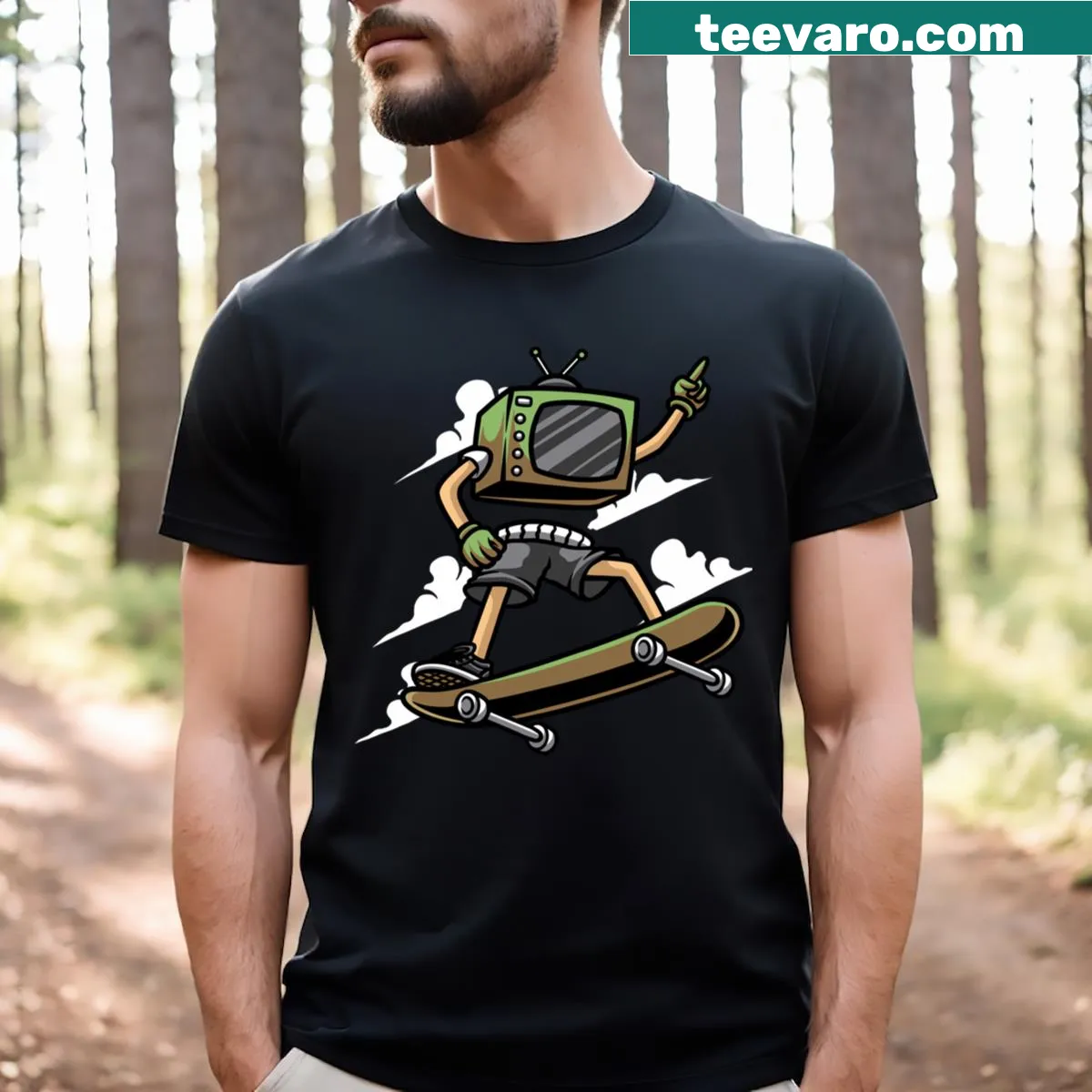 Whimsical TV head graphic t-shirt — on a men's t-shirt