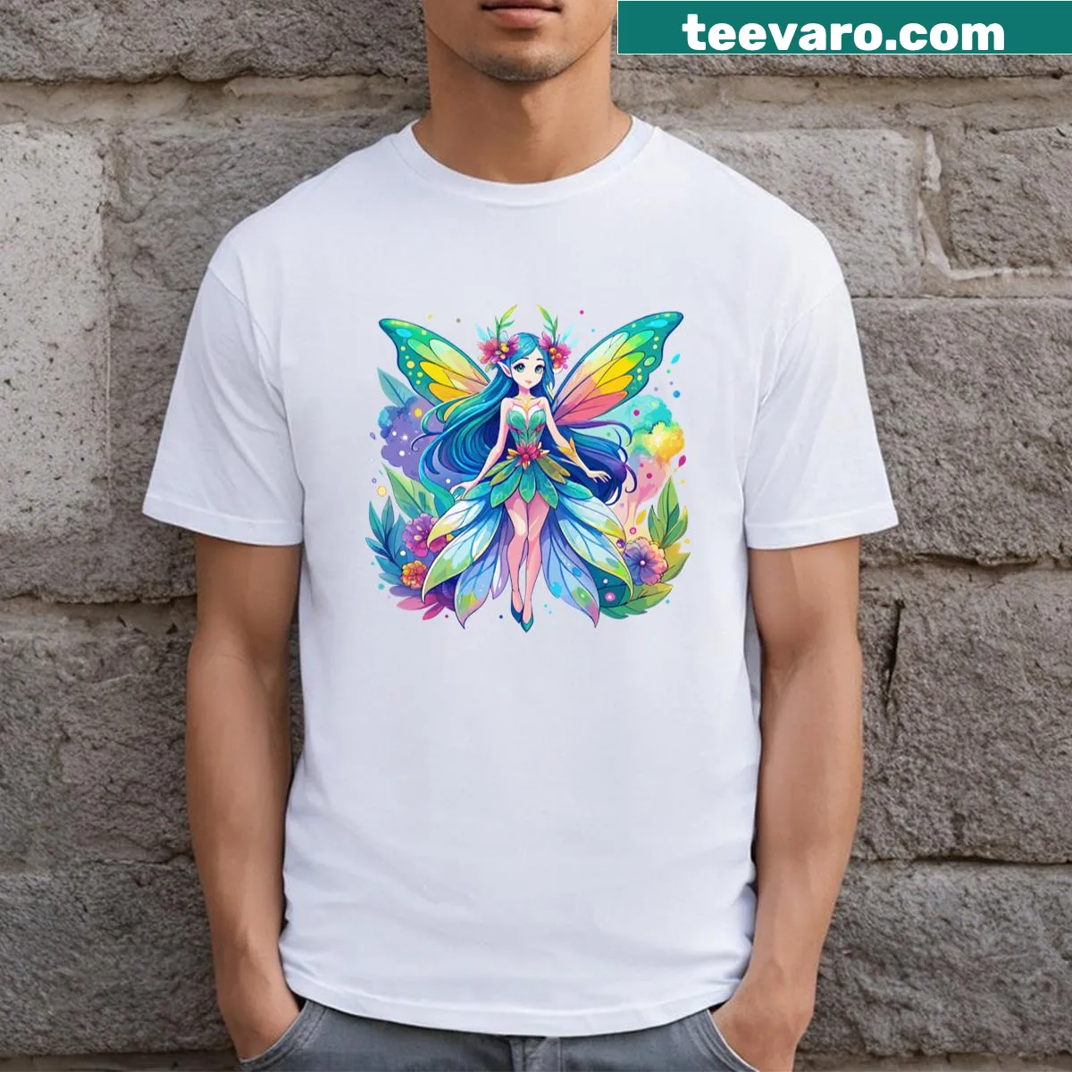 Watercolor fairy t-shirt with rainbow wings and floral details — on a men's t-shirt