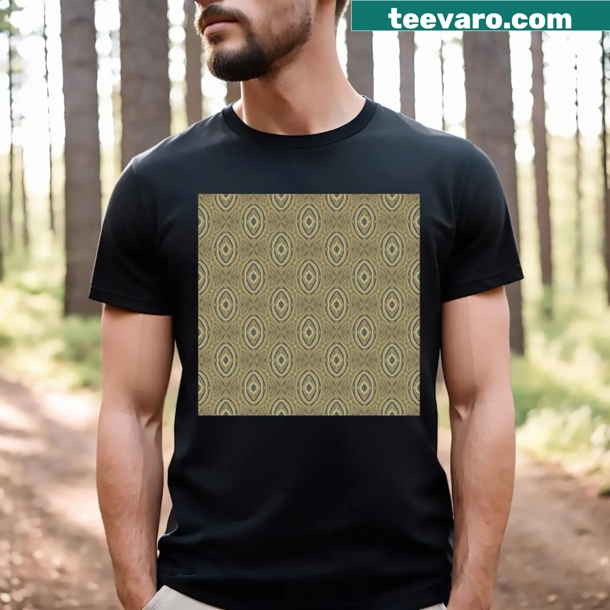 Vintage T-shirt featuring an antique abstract natural pattern background — on a men's t-shirt