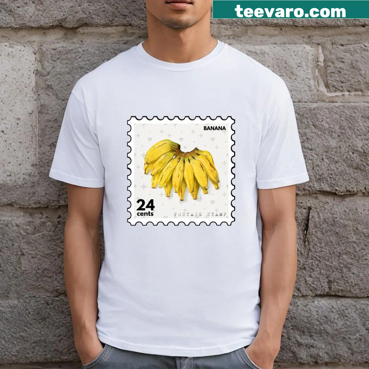 Vintage banana postage stamp graphic on a t-shirt — on a men's t-shirt