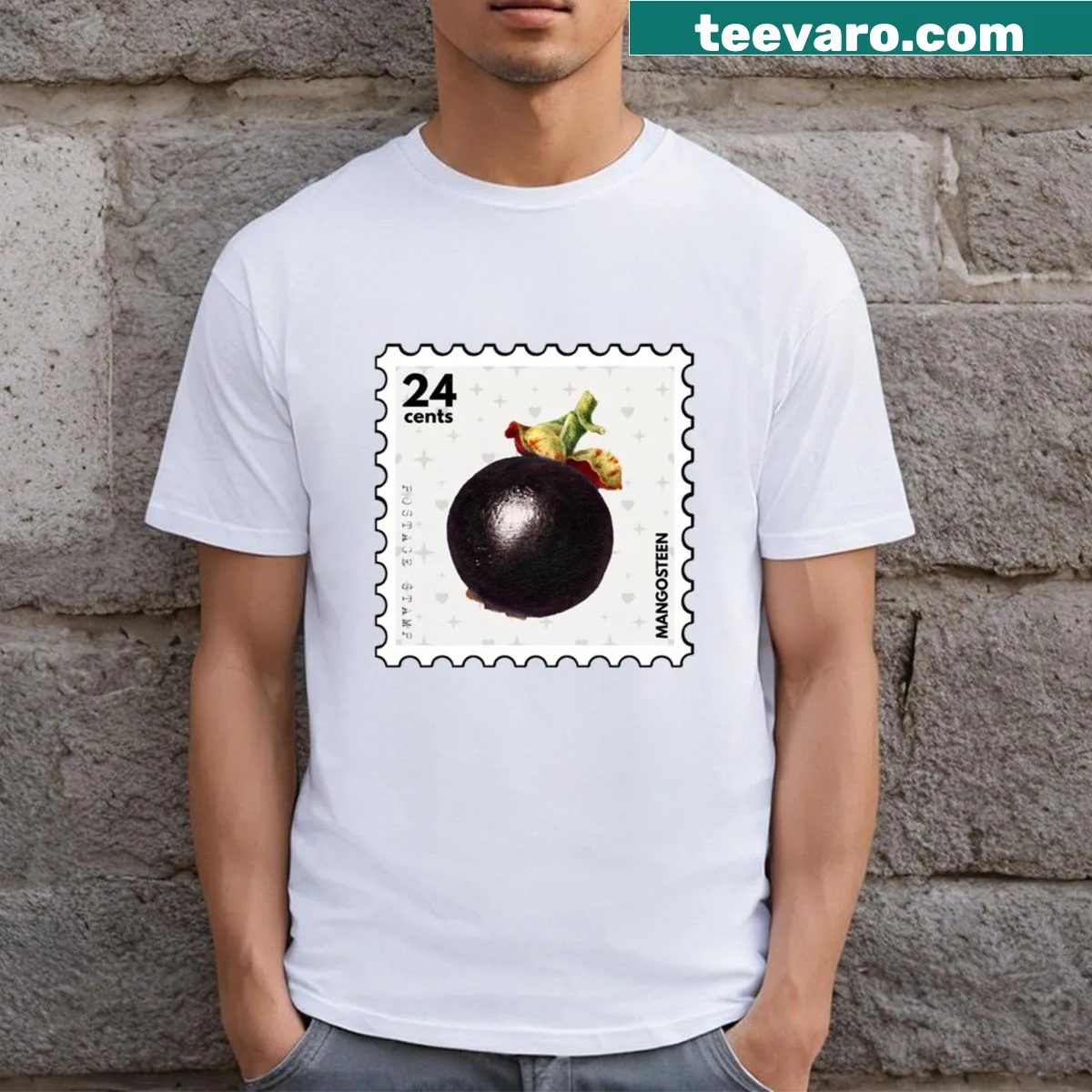 Vintage Mangosteen T-shirt with a postage stamp design — on a men's t-shirt
