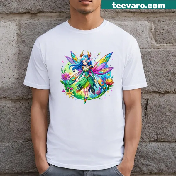 Watercolor fairy with rainbow wings on floral background T-shirt