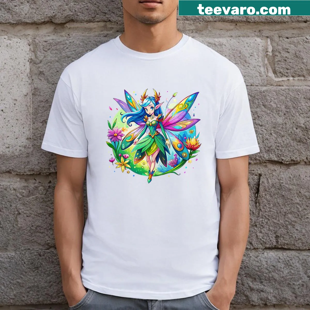 Watercolor fairy with rainbow wings on floral background T-shirt — on a men's t-shirt