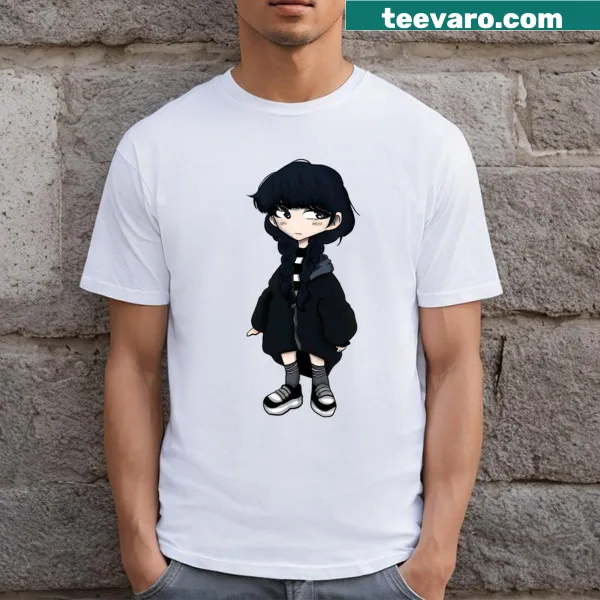 Cartoon-style T-shirt featuring Wednesday Addams