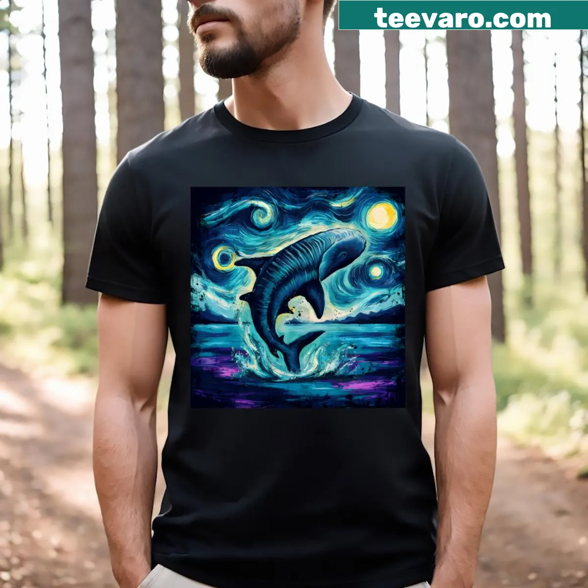Whale shark graphic t-shirt with starry night artistic design — on a men's t-shirt