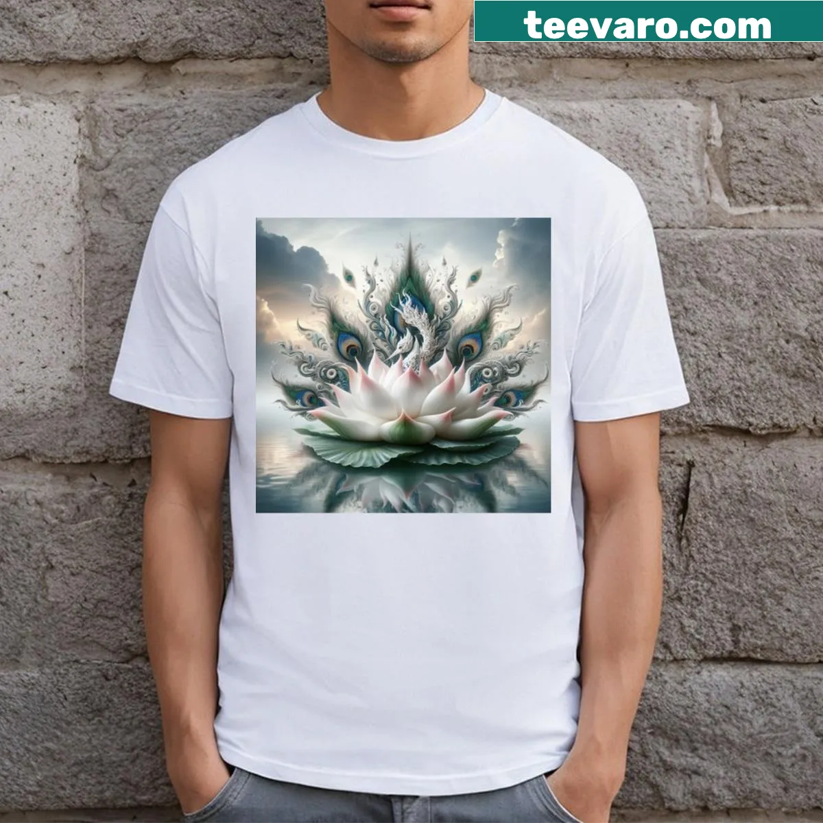 Minimalist White Lotus graphic t-shirt with abstract typography — on a men's t-shirt