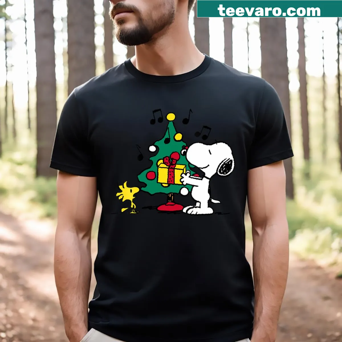 Snoopy and Woodstock decorating a Christmas tree on a t-shirt — on a men's t-shirt