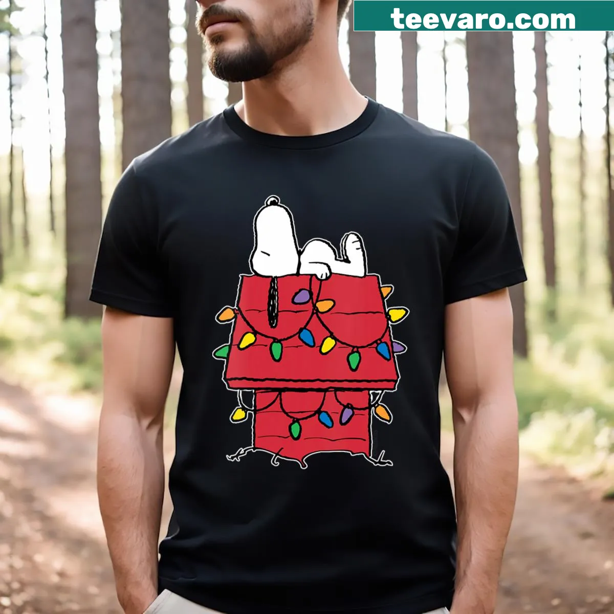 Christmas T-shirt featuring Snoopy in Christmas lights design — on a men's t-shirt