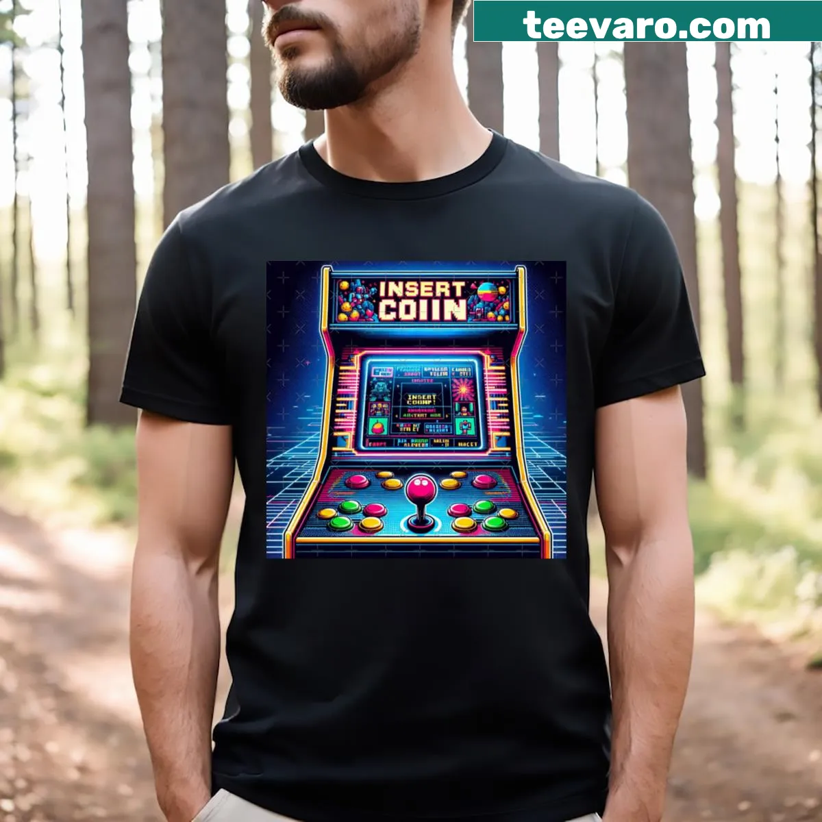 Vintage arcade game machine t-shirt for gamers with nostalgic design — on a men's t-shirt