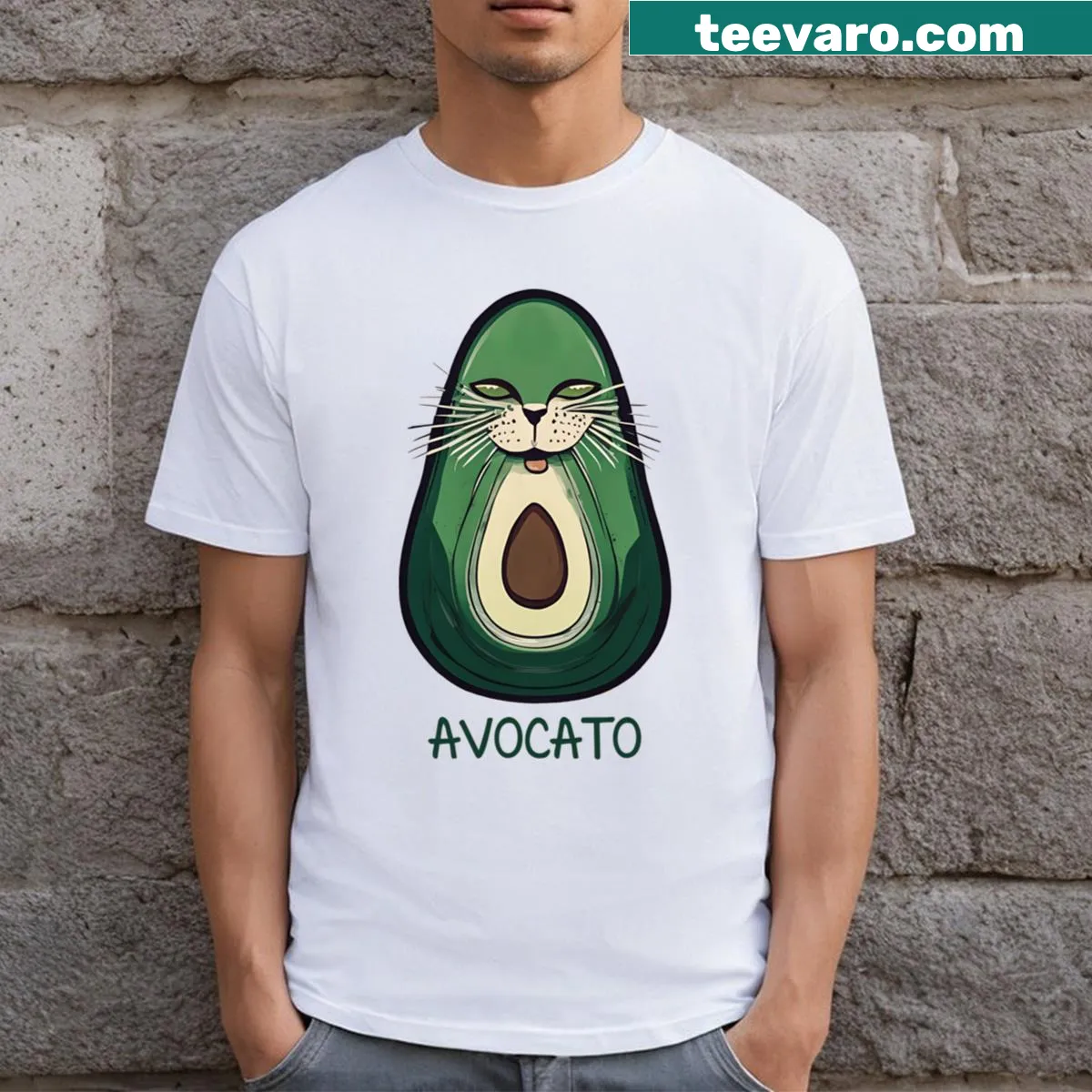 Playful T-shirt featuring a cartoon avocado character — on a men's t-shirt