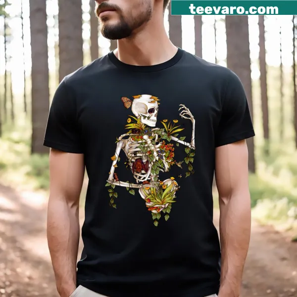 Illustration of bones and botanical elements on a t-shirt