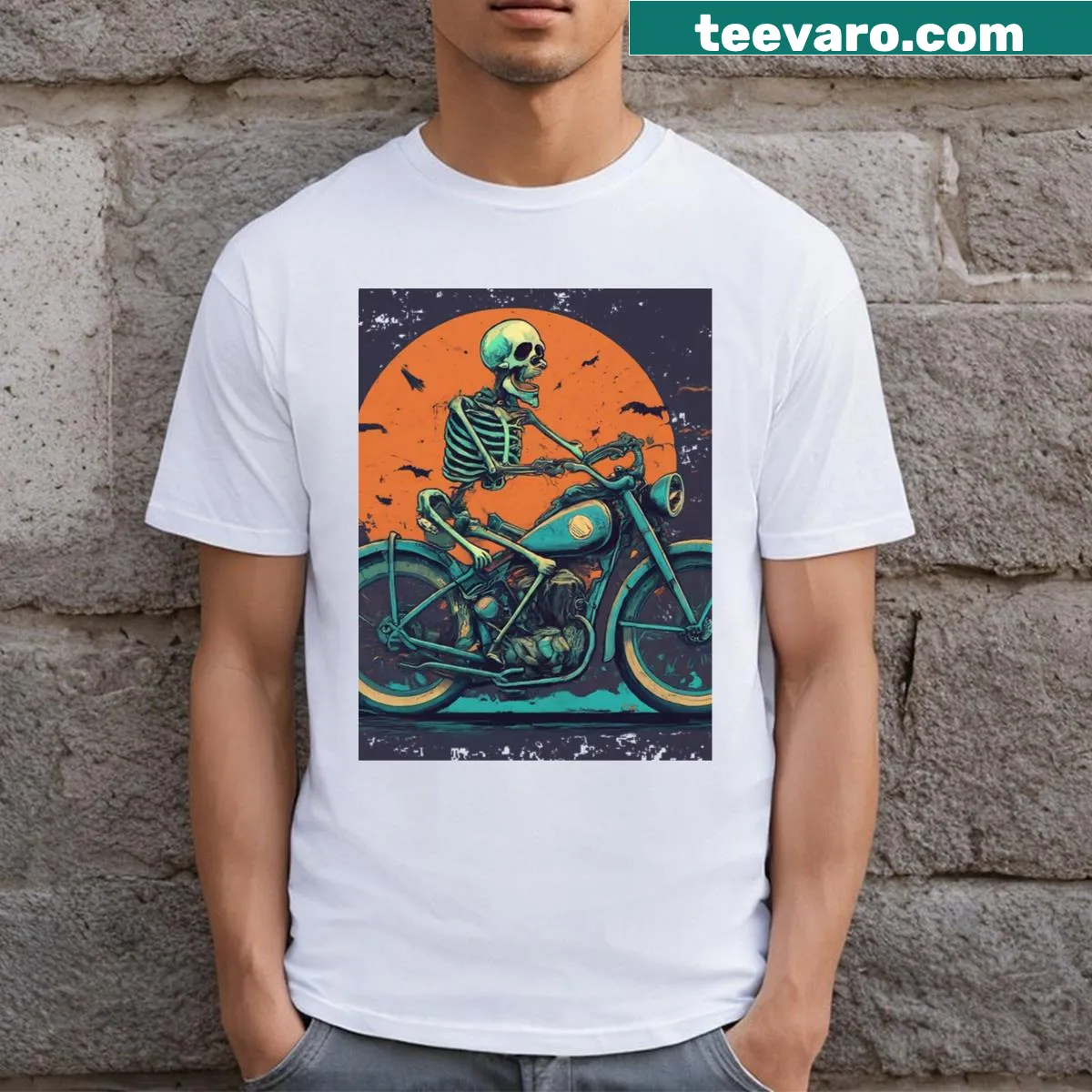 Edgy T-shirt featuring a skull with biker accessories — on a men's t-shirt