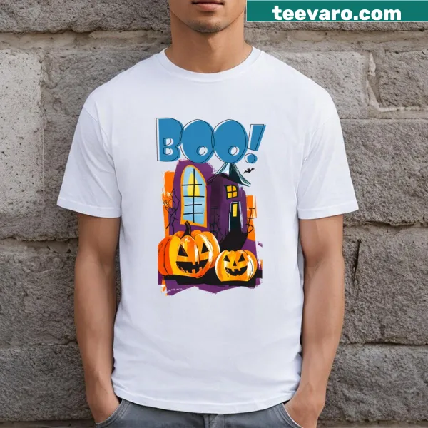 Cartoon pumpkins ready for Halloween on a playful T-shirt.