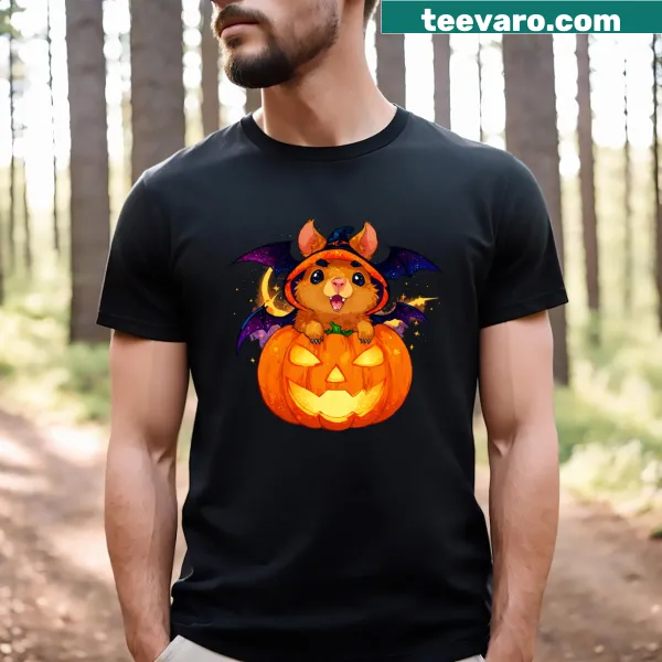 Kawaii t-shirt featuring a capybara bat vampire and pumpkins