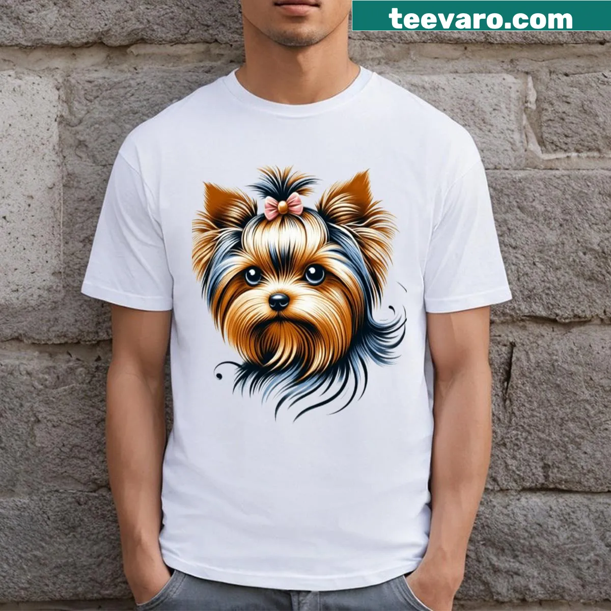 Illustration of a Yorkie head on a T-shirt — on a men's t-shirt