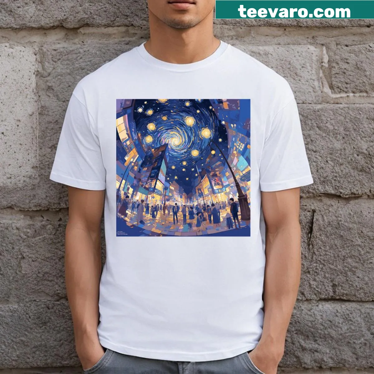 Illustration of a starry night cityscape on a t-shirt — on a men's t-shirt