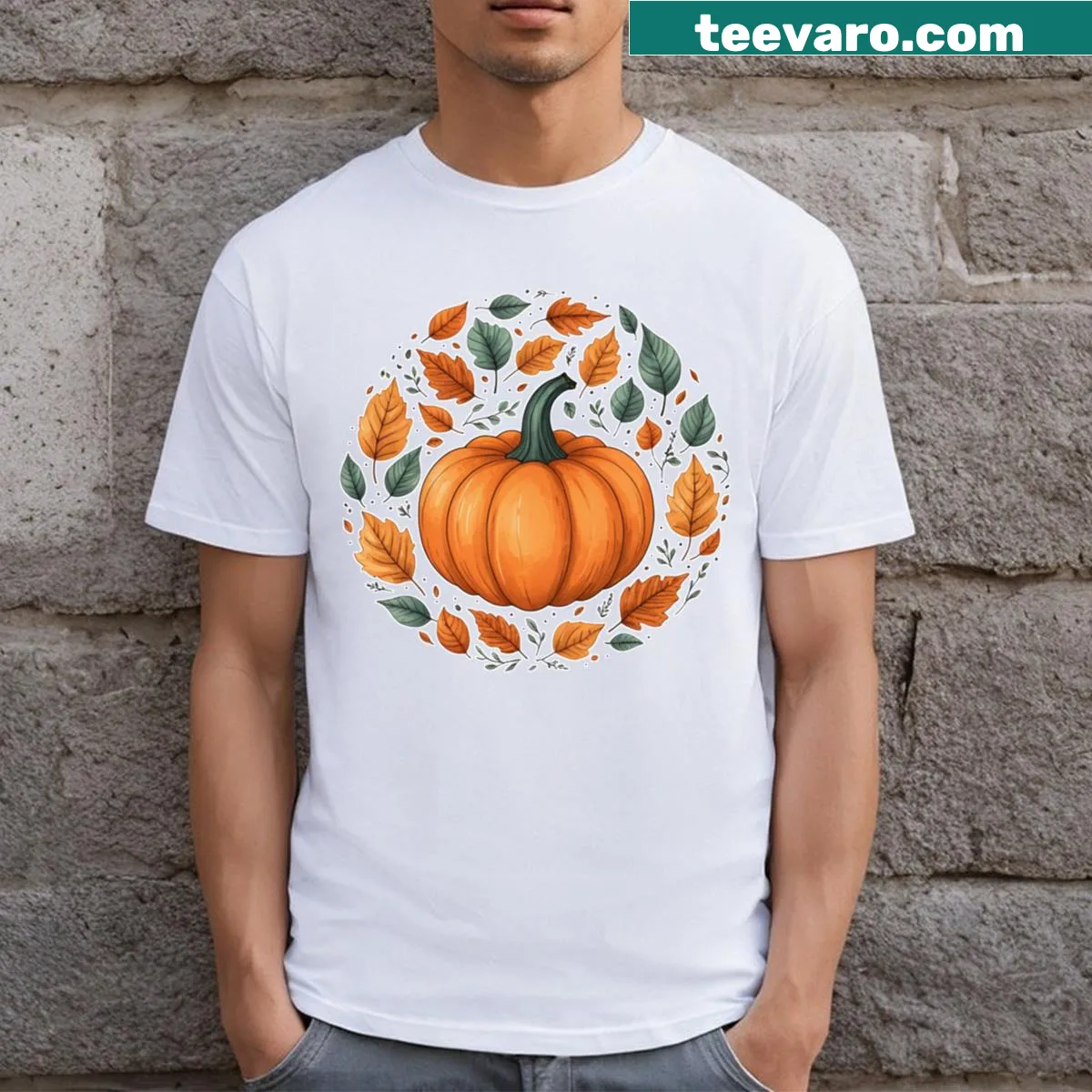 Illustration of a pumpkin surrounded by autumn leaves on a T-shirt — on a men's t-shirt