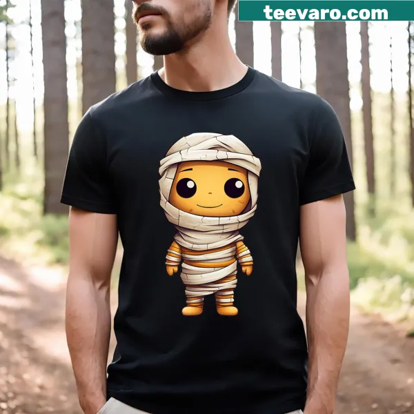 Cute mummy graphic on a Halloween-themed t-shirt