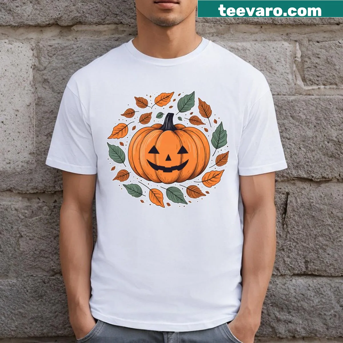 Cute pumpkin design with autumn leaves illustration on a T-shirt — on a men's t-shirt