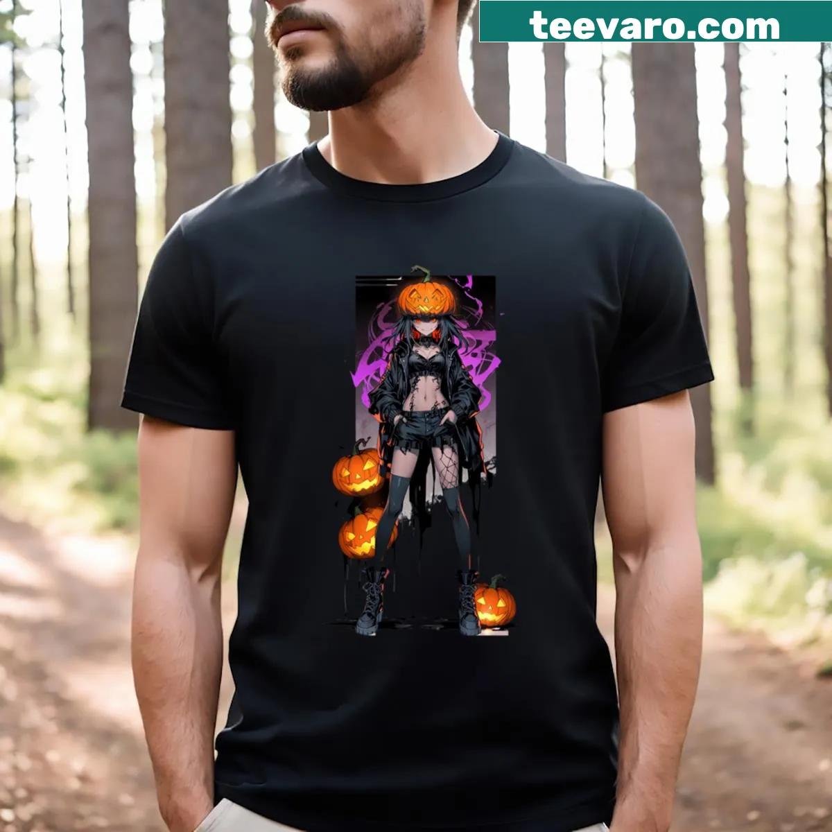 Rebellious girl with pumpkin head on Halloween T-shirt — on a men's t-shirt