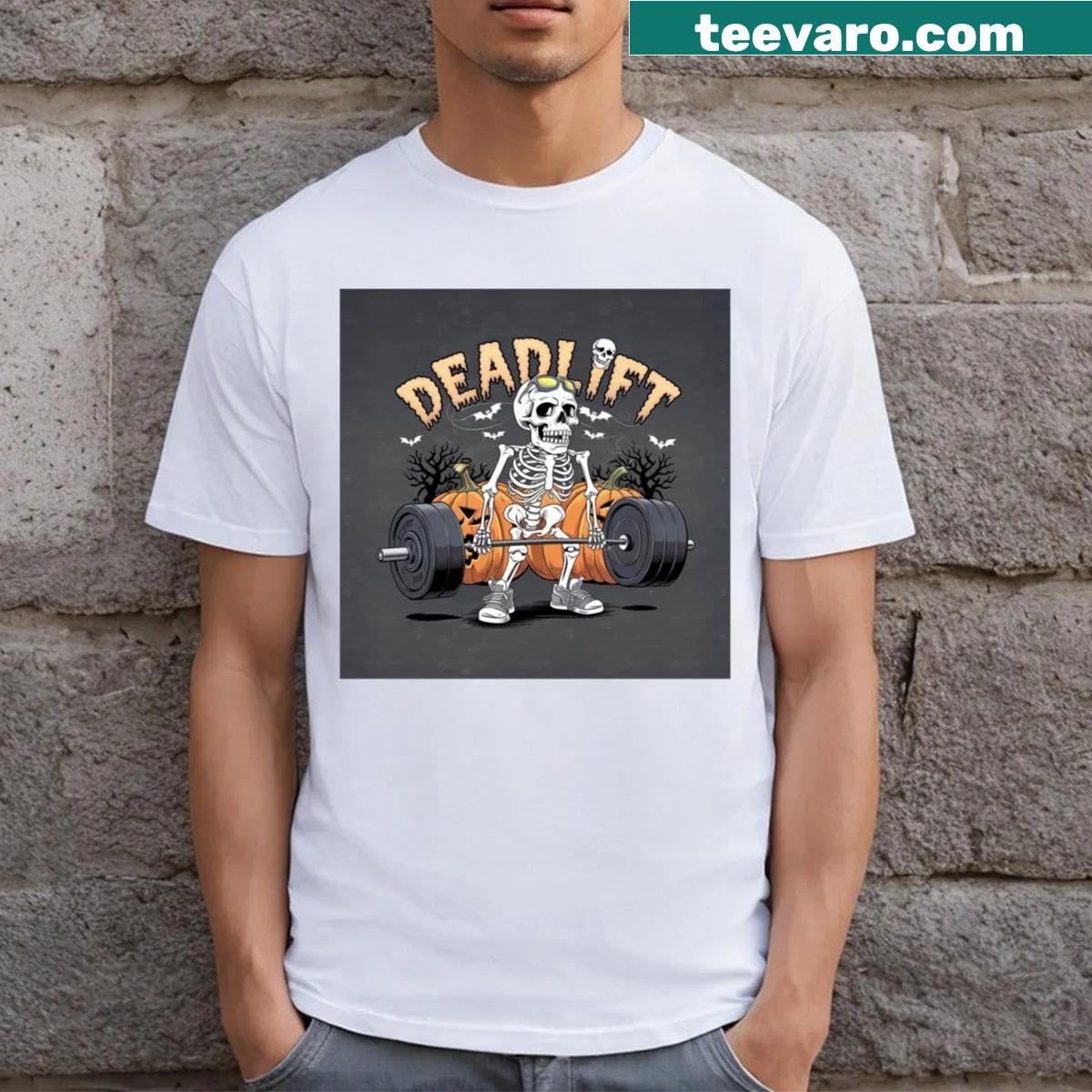 Funny Halloween T-shirt with deadlift-themed text — on a men's t-shirt