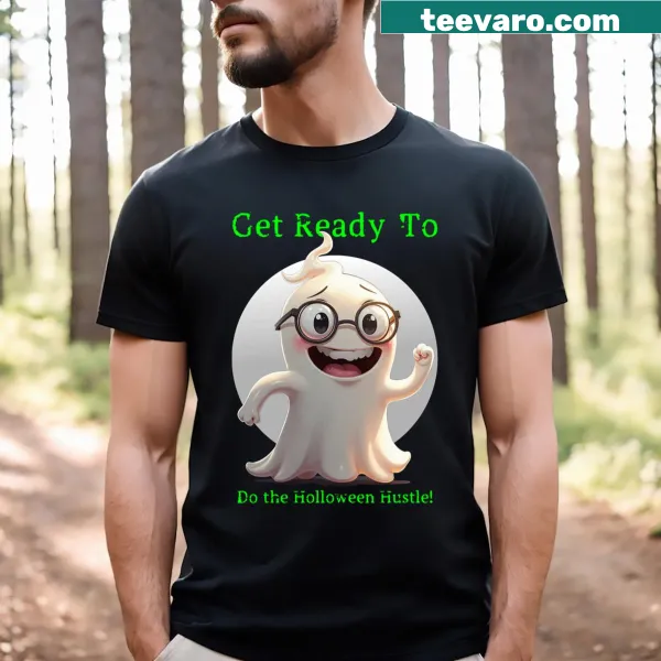 Halloween Hustle graphic on a striped T-shirt