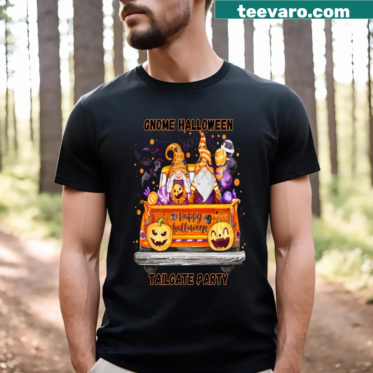 Gnome Halloween design featuring a pickup truck on T-shirt — on a men's t-shirt
