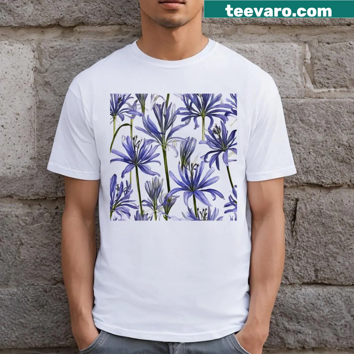 Painting of agapanthus flowers on a T-shirt — on a men's t-shirt