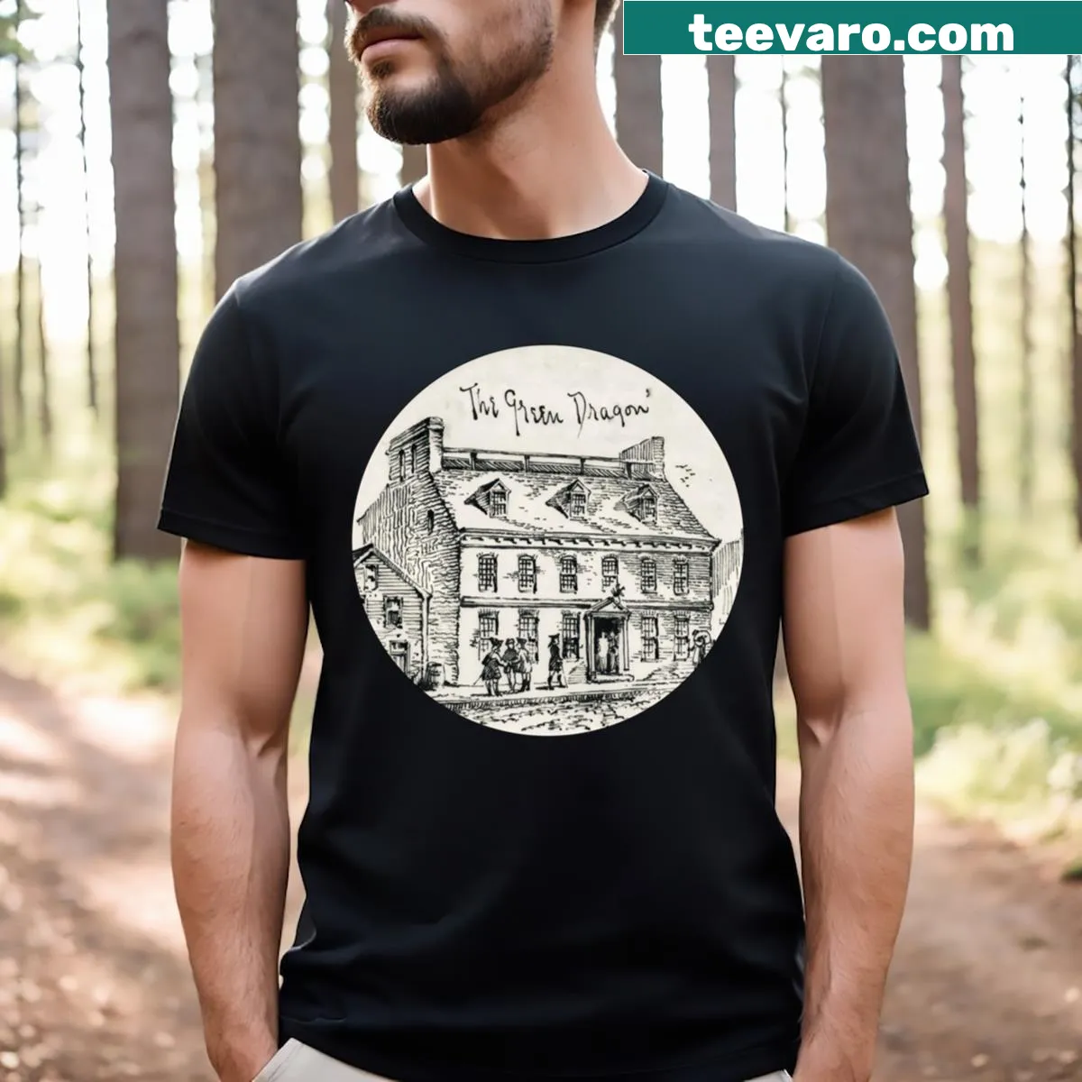 Vintage-style Green Dragon Tavern T-shirt with distressed design — on a men's t-shirt