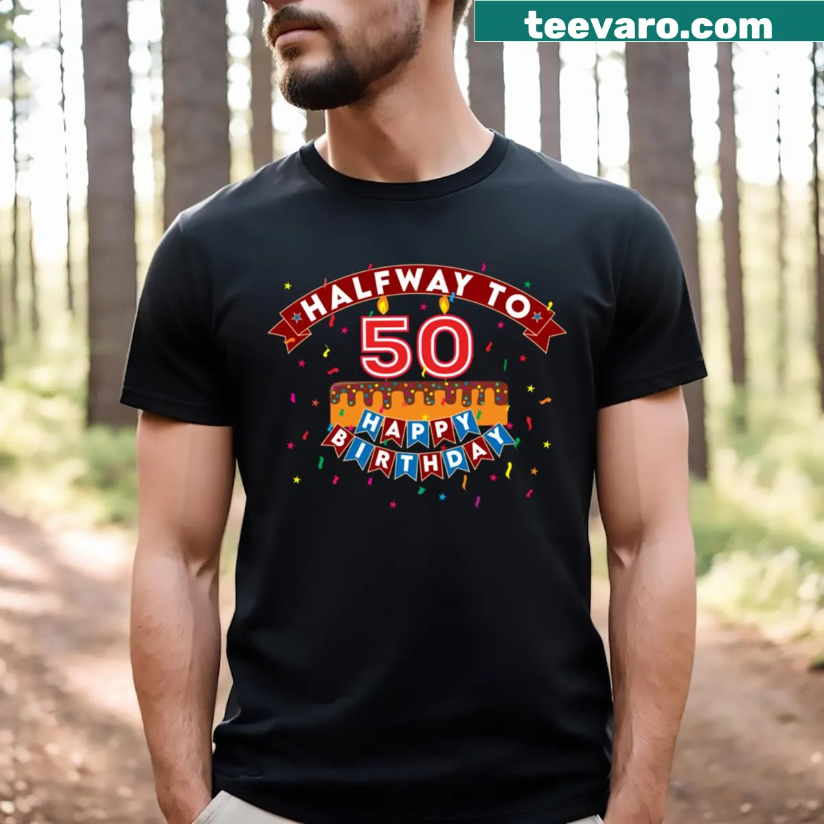 Funny birthday cake design for halfway to 50 celebration — on a men's t-shirt