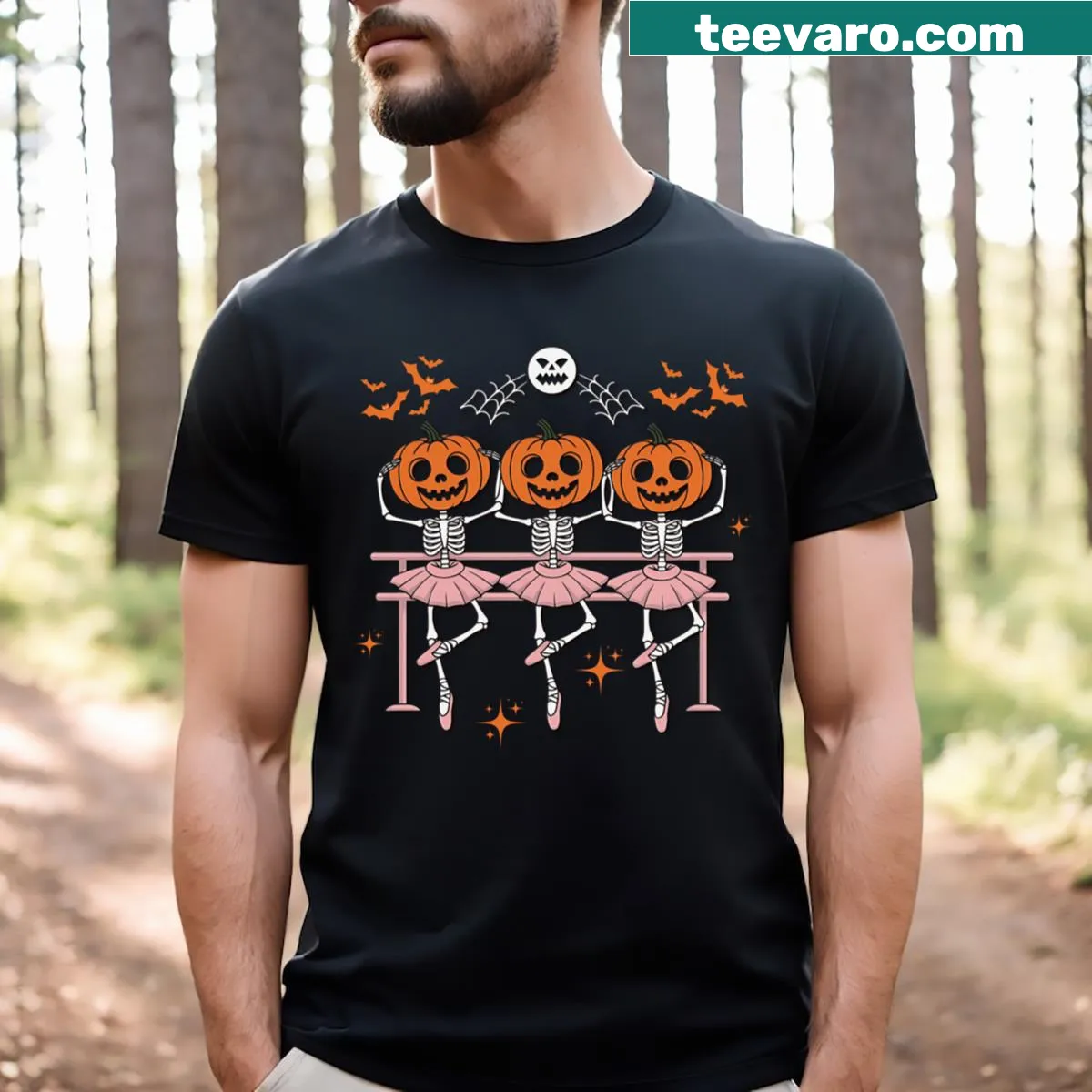 Cartoon design of skeletons dancing with pumpkins on a T-shirt — on a men's t-shirt