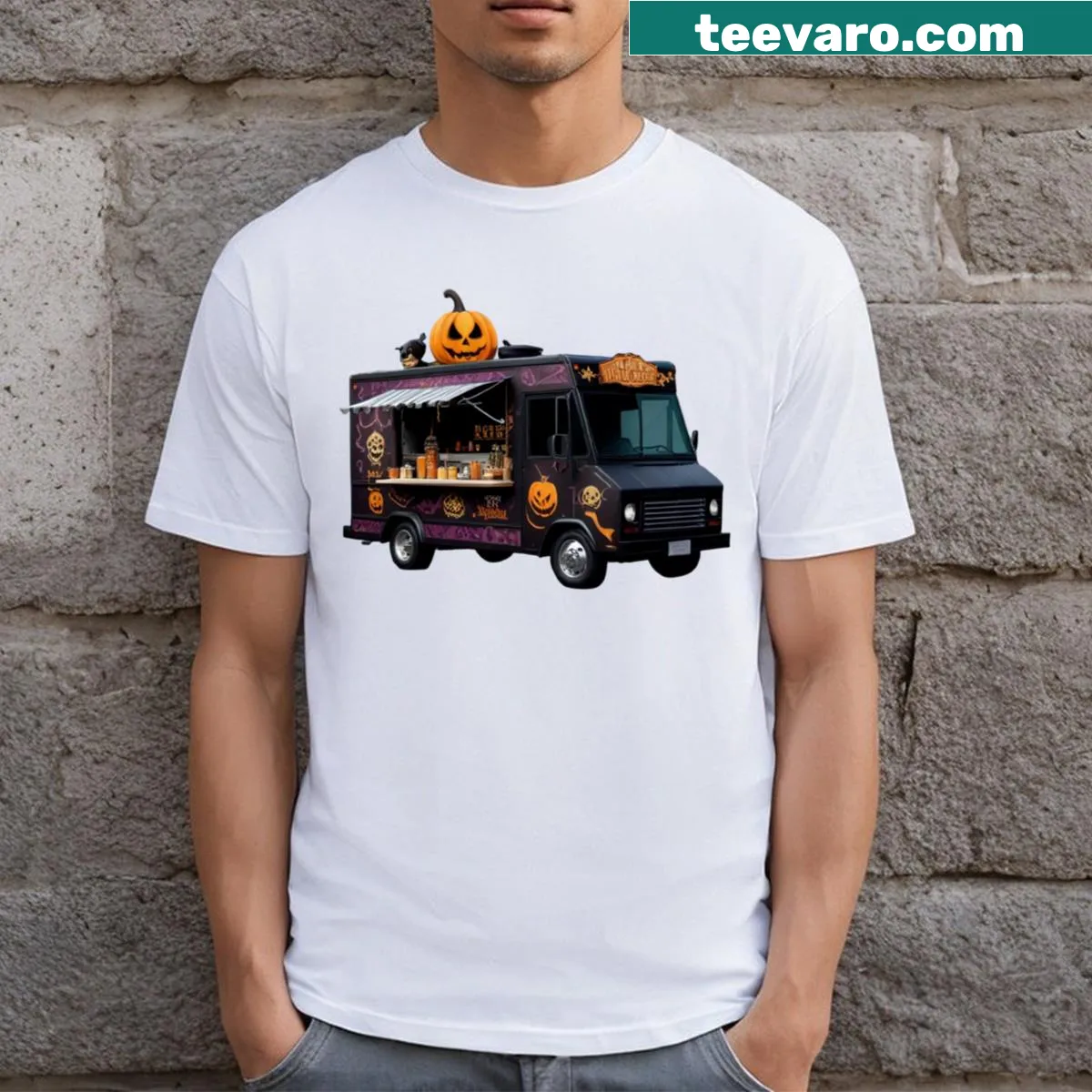 Cartoon graphic of a Halloween food truck on a T-shirt — on a men's t-shirt
