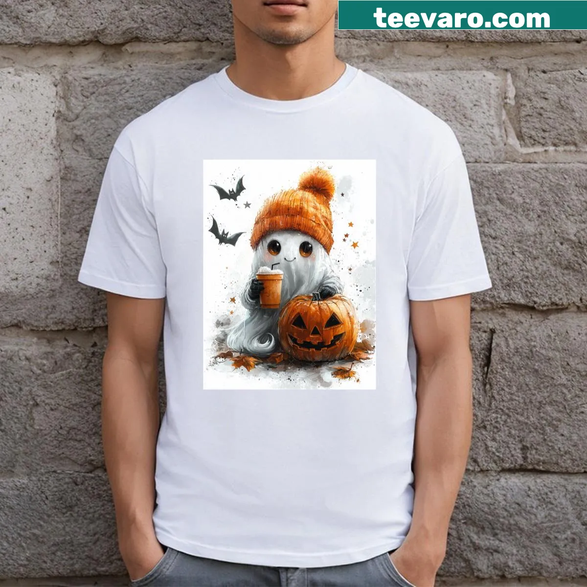 Cartoon ghost graphic on a Halloween T-shirt — on a men's t-shirt