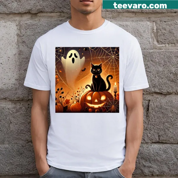 Graphic of a ghost with a cat and spider web on a Halloween t-shirt