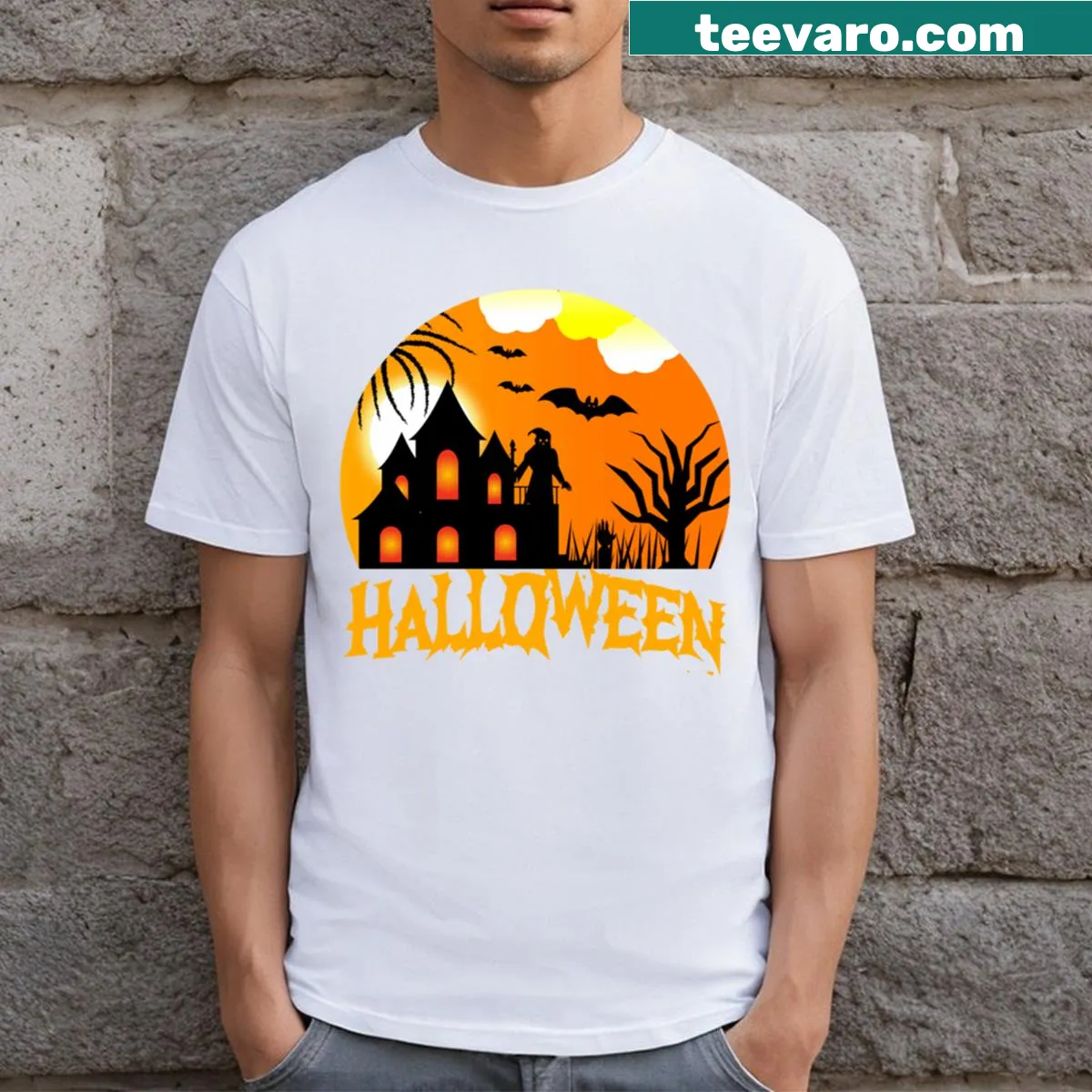 Text graphic saying Happy Halloween on a T-shirt — on a men's t-shirt