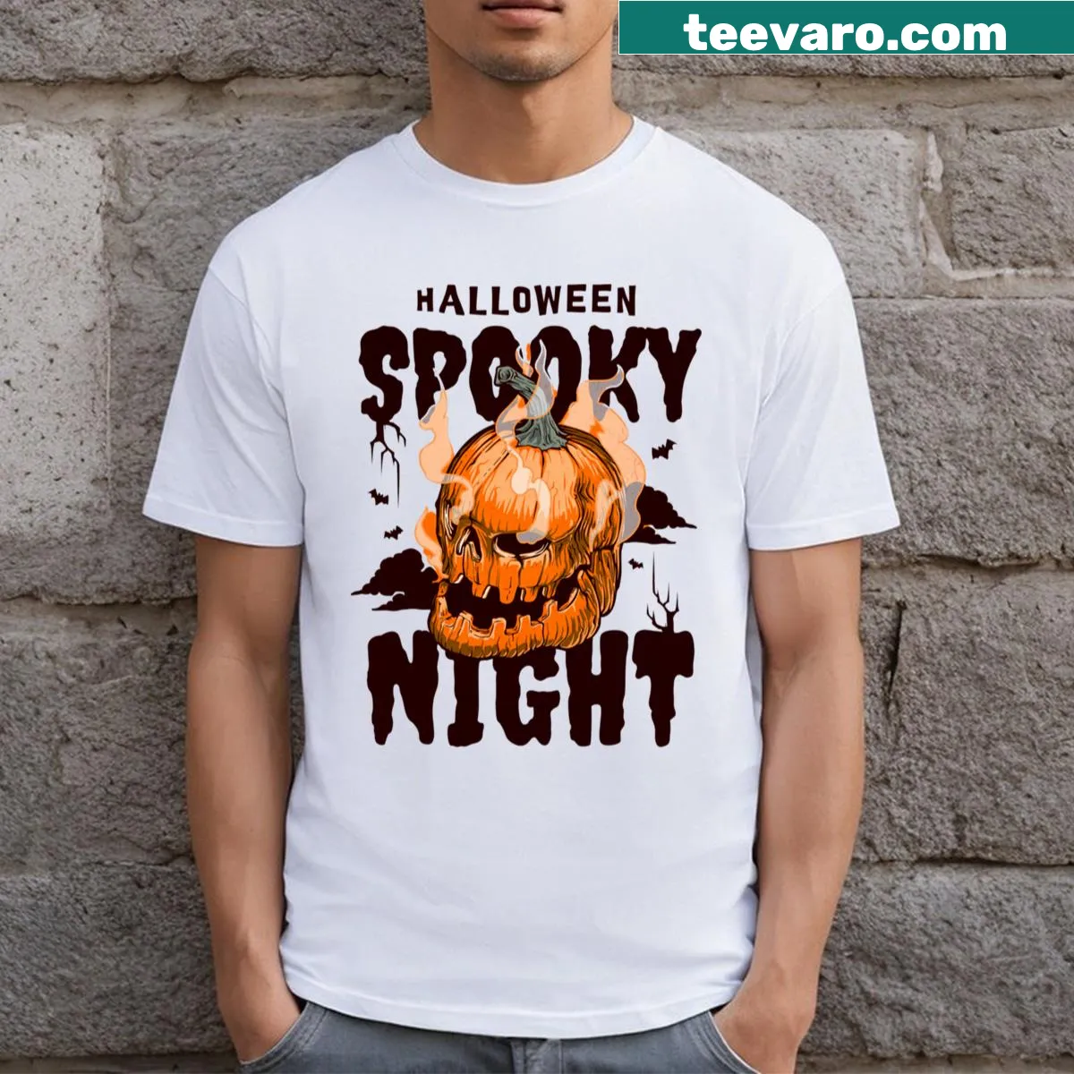 Moonlit spooky night scene with dancing ghosts and ghouls — on a men's t-shirt