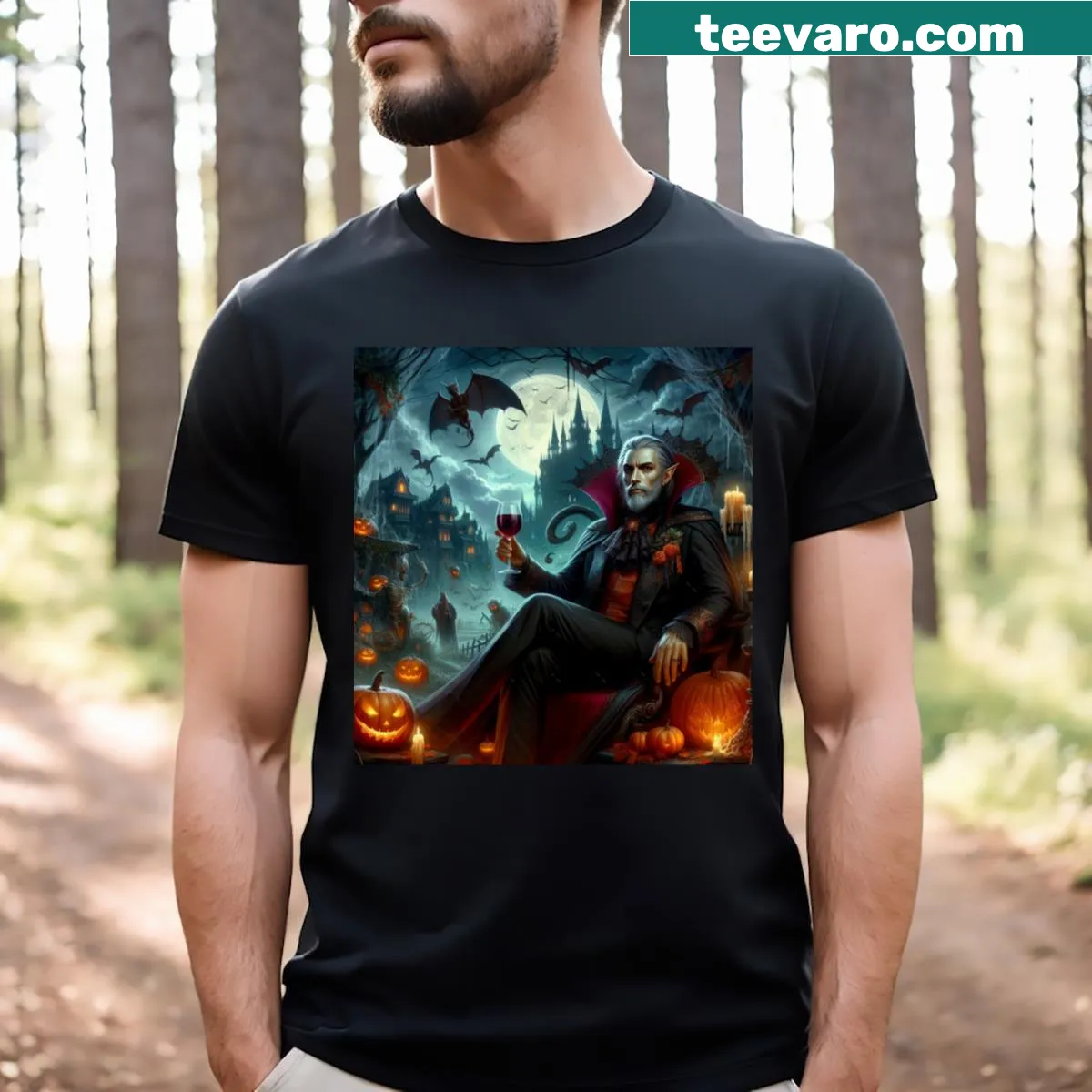 Friendly vampire in a costume with pumpkins on a Halloween night — on a men's t-shirt