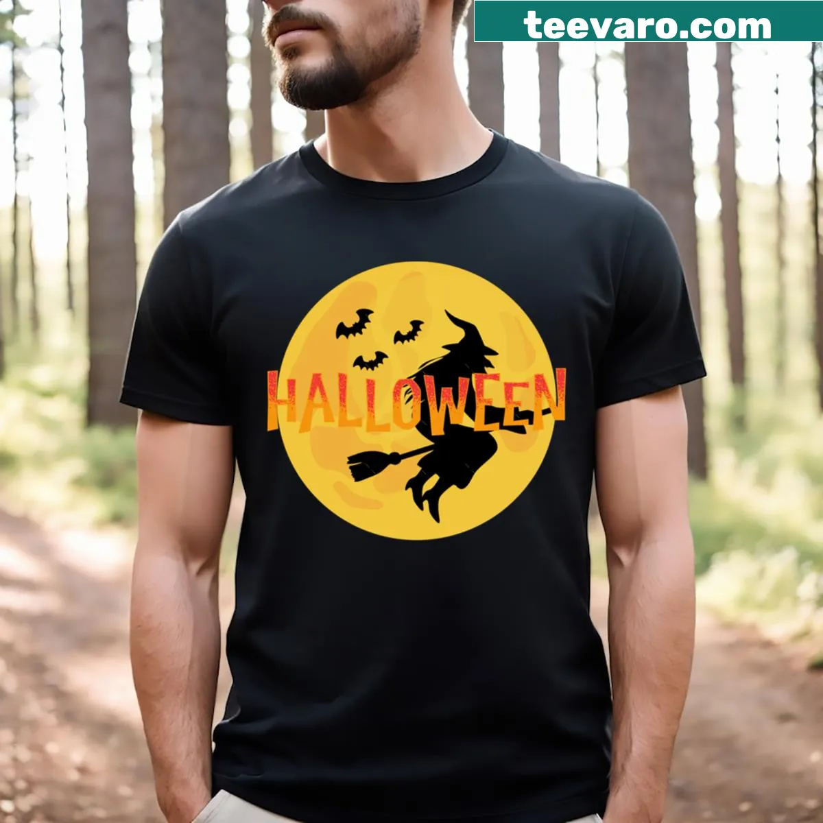 Witch graphic circling the moon on Halloween t-shirt — on a men's t-shirt